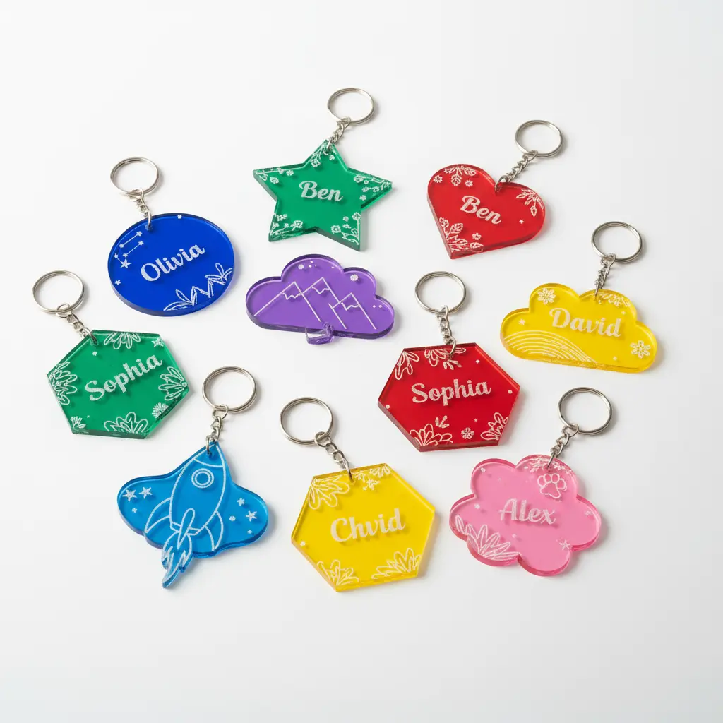 Chaveiros (MDF, acrílico, couro)